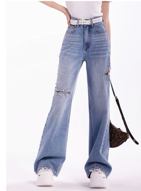 星辰/COSHENG小个子春季破洞水钻直筒牛仔裤高腰复古时尚感显高