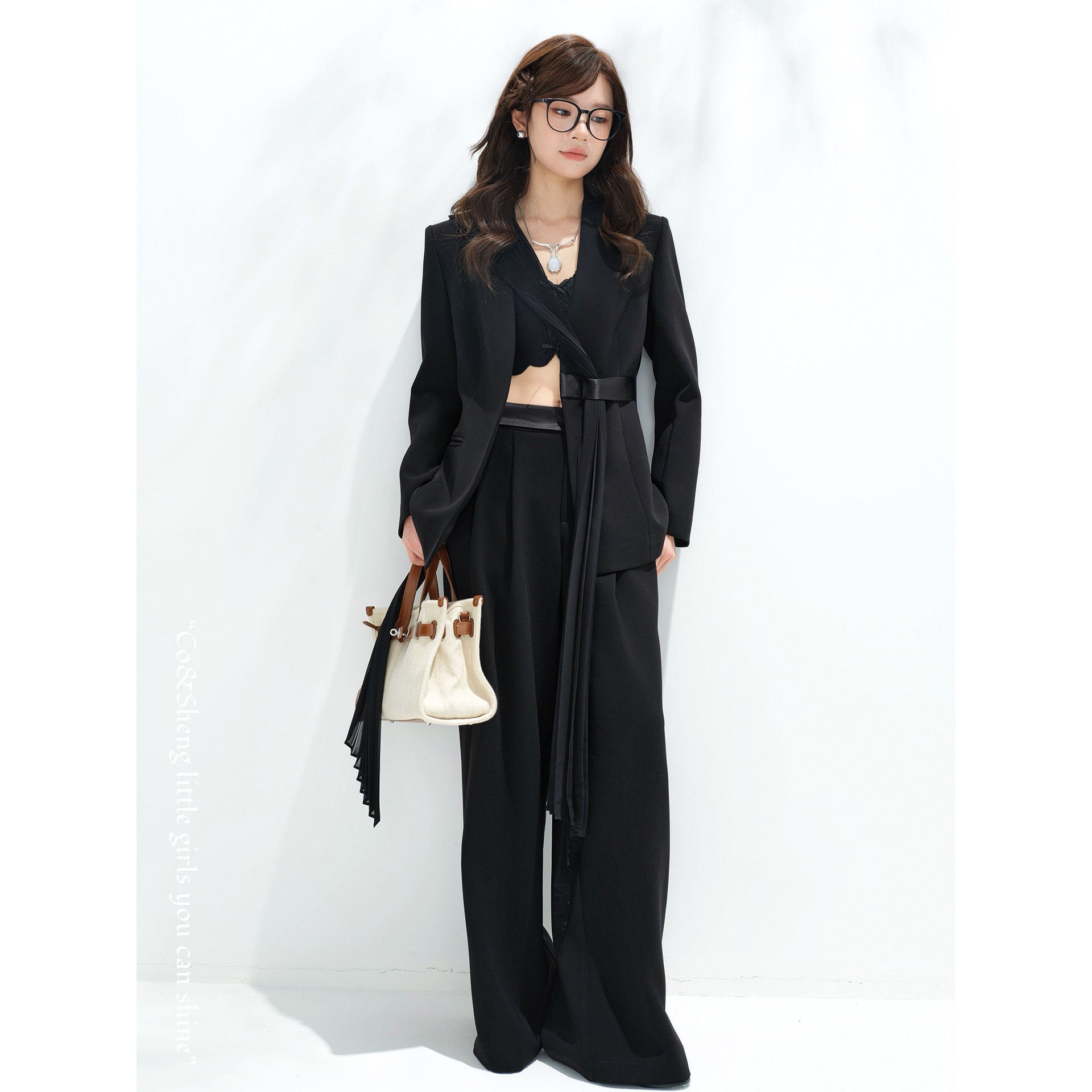 春夏韩版西装两件套女气质休闲系带收腰小西服套装小个子阔腿裤子