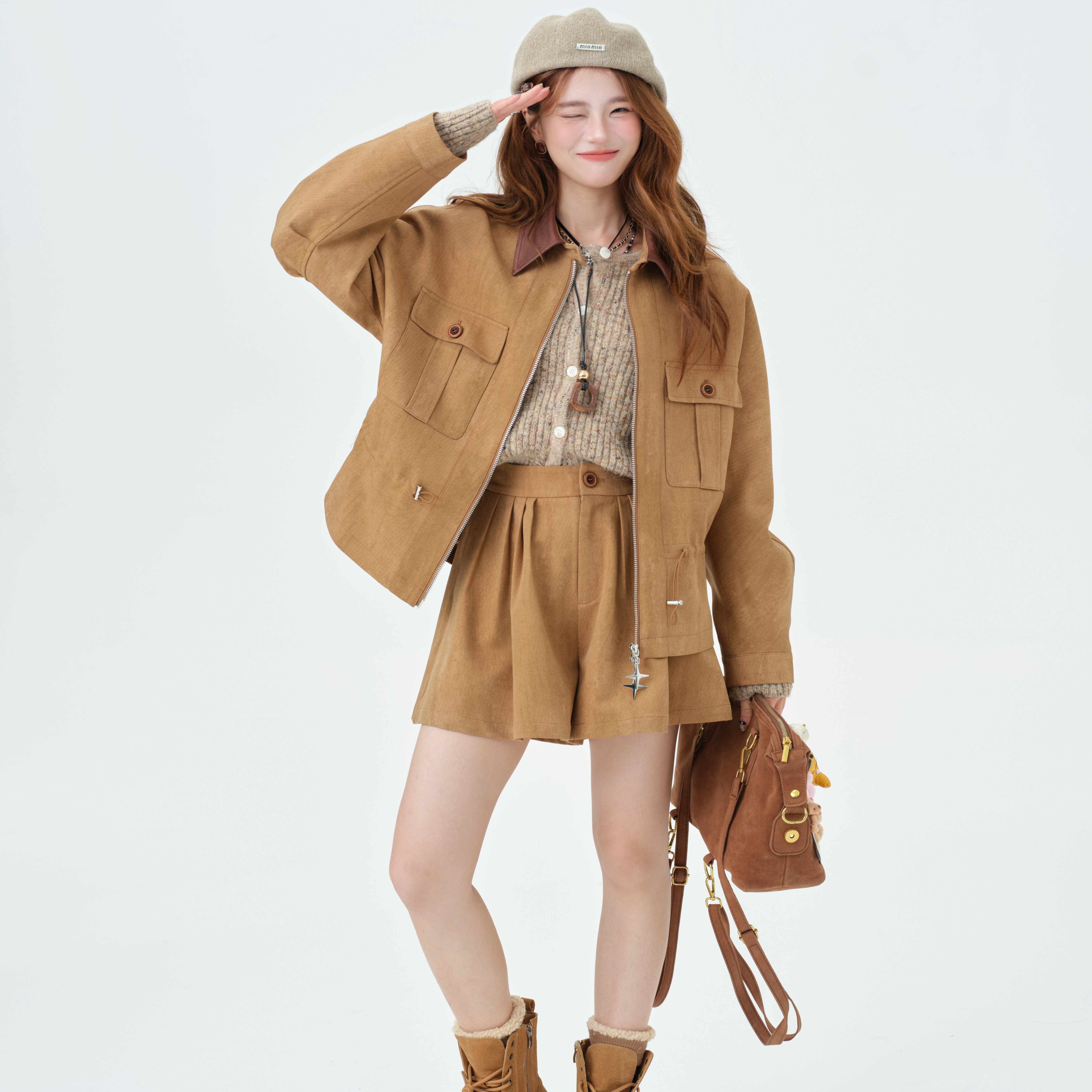 柔光杏仁/Co&Sheng重生小个子单排扣复古拉链女翻领短款外套