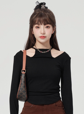 cosheng重生小个子春季新品黑色锁骨上衣女镂空设计感修身感内搭