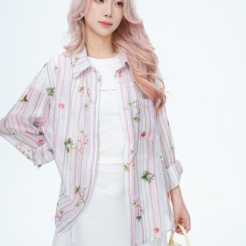 重生刺绣碎花条纹衬衫女小个子