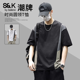 高级感拼接上衣休闲凉感五分半袖 班尼路美式 夏季 t恤男士 复古短袖