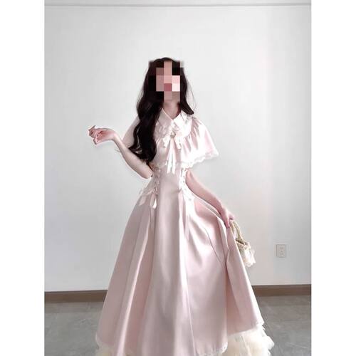 清楚系古早粉色蕾丝连衣裙夏季新款拼接设计感系带收腰修身裙子女