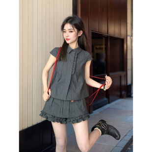 【加州盛夏之夜】韩系气质减龄俏皮复古花边小衫上衣/裙裤两件套