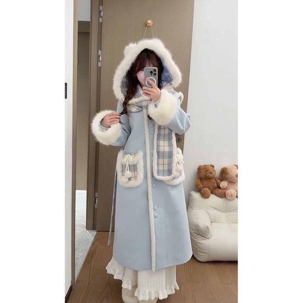 【雾蓝冰川】 小个子甜美清新Lolita毛呢外套+围巾冬季两件套装