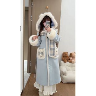 【雾蓝冰川】 小个子甜美清新Lolita毛呢外套+围巾冬季两件套装
