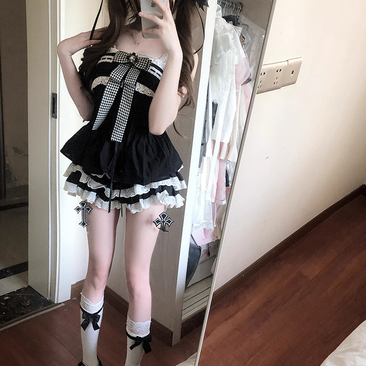 洋气时尚减龄显瘦小个子黑色抹胸上衣半身裙两件套装女夏2025新款