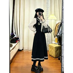 【影月学子】秋冬款甜美中长款时尚拼接连衣裙蝴蝶结收腰气质裙子