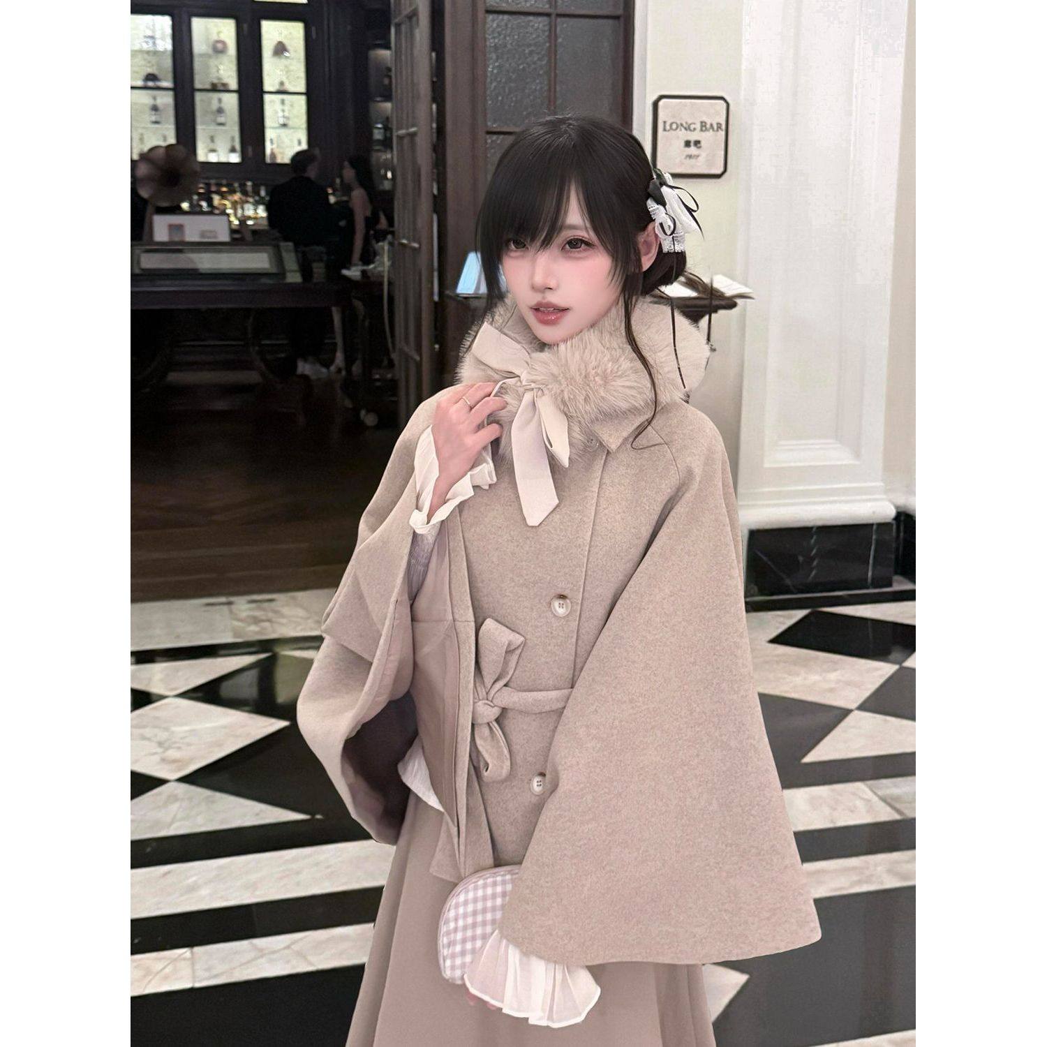 京都昭和梦 高级感气质小香风蝴蝶结毛领斗篷呢子大衣+半身裙套装,女装/女士精品,时尚套装,淘宝优惠券,粉丝福利购,淘宝优惠卷