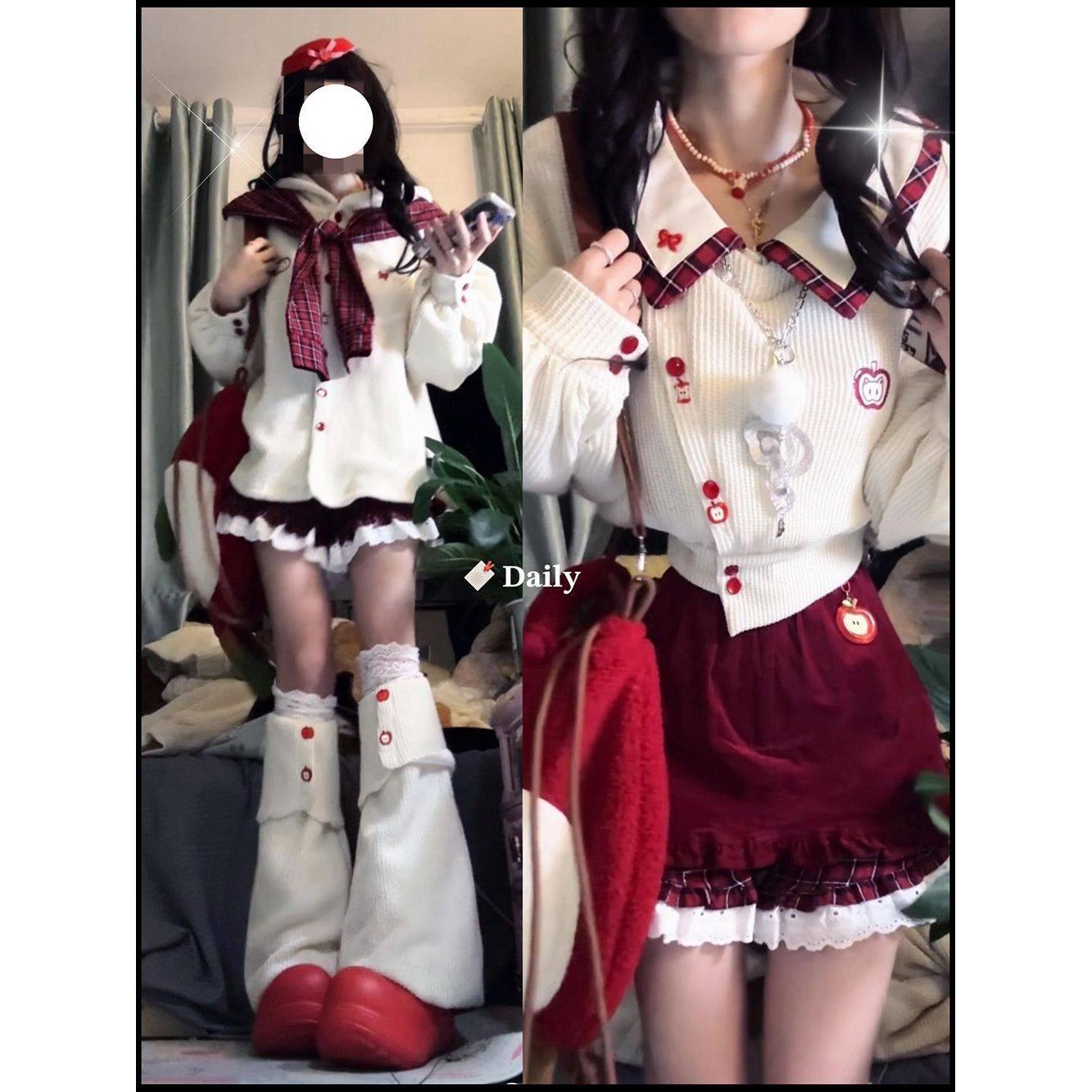 【红果奶芙】甜美苹果针织外套+短裤套装女秋冬小众设计感两件套,女装/女士精品,时尚套装,淘宝优惠券,粉丝福利购,淘宝优惠卷