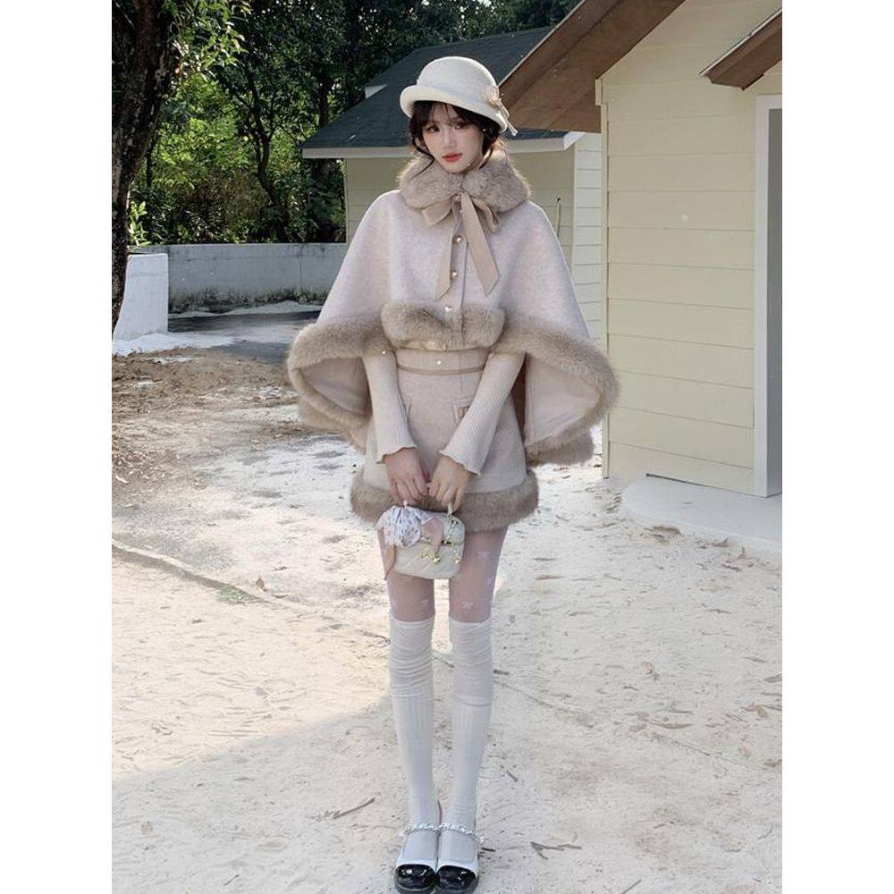 昭和小公主 法式千金感毛呢套装女冬装新款毛毛斗篷半裙两件套装