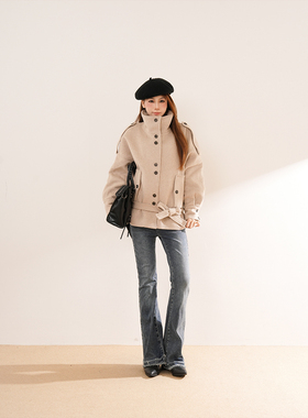 松间步月 韩系气质绑带收腰大衣2025冬季新款加厚立领外套上衣女