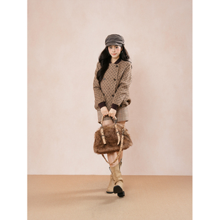 【板栗可可】日系复古套装女秋冬新款波点宽松外套格纹短裤两件套