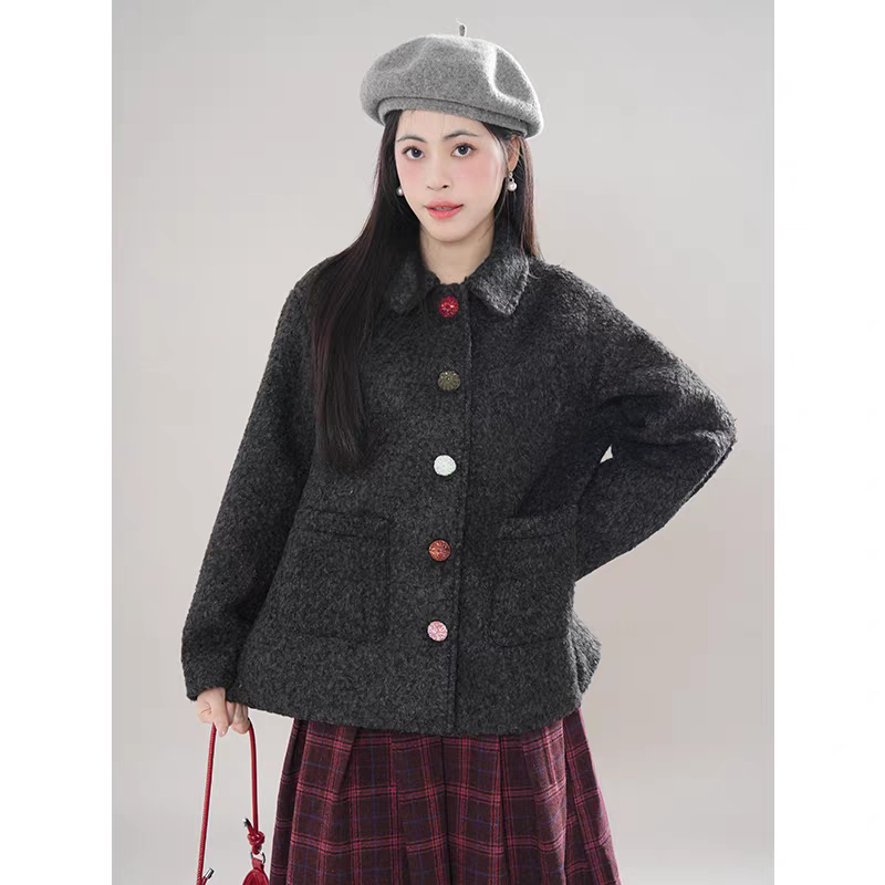 冬季甜美呢子外套+红格子呢子裙两件2024冬季新款甜美小个子套装