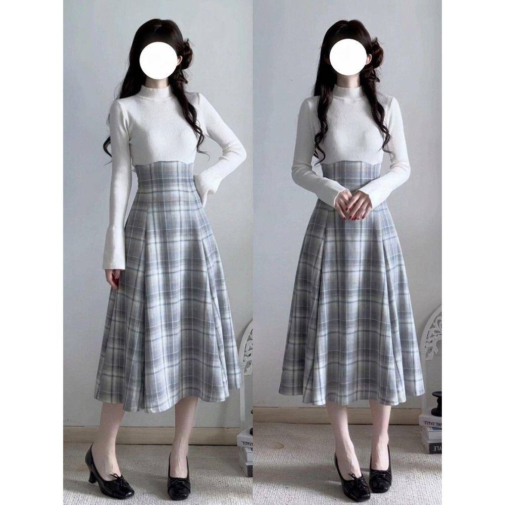 绵绵派 日系清楚系穿搭设计感气质长袖拼接假两件格纹连衣长裙女