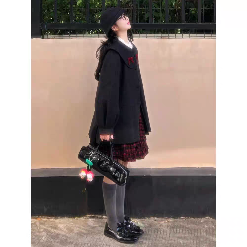 【红巧丝绒】甜美复古蝴蝶结娃娃领深灰外套格纹背心裙内搭三件套,女装/女士精品,时尚套装,淘宝优惠券,粉丝福利购,淘宝优惠卷