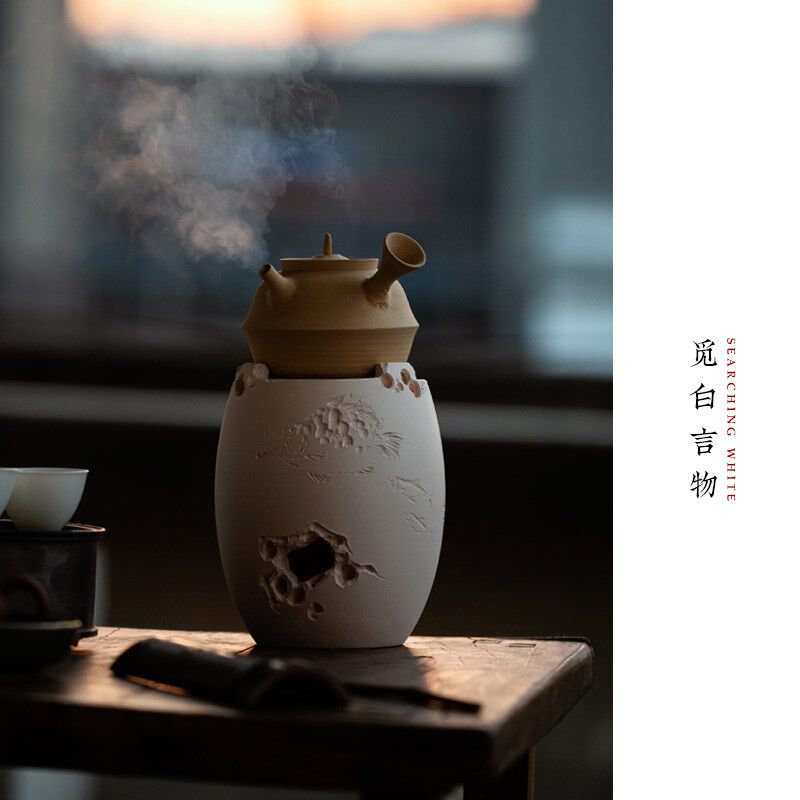 觅白泥炉摹古炭烧水砂铫侧把手工夫雕刻茶副榜Q玉书煨太湖石文人