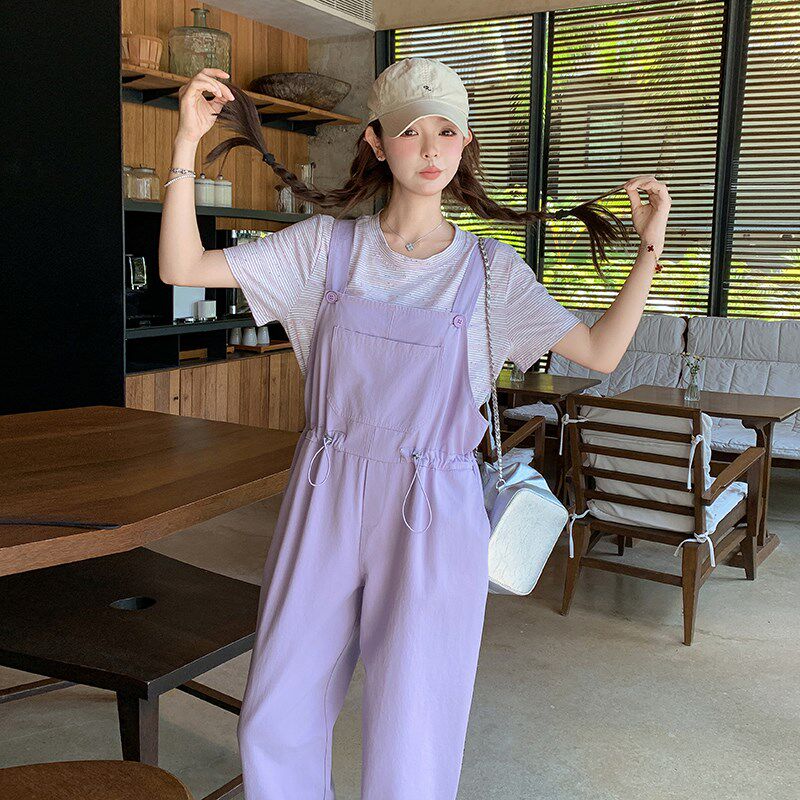 紫色日系俏皮清纯系背带裤套装女2025年夏季新款T小个子T恤两件套