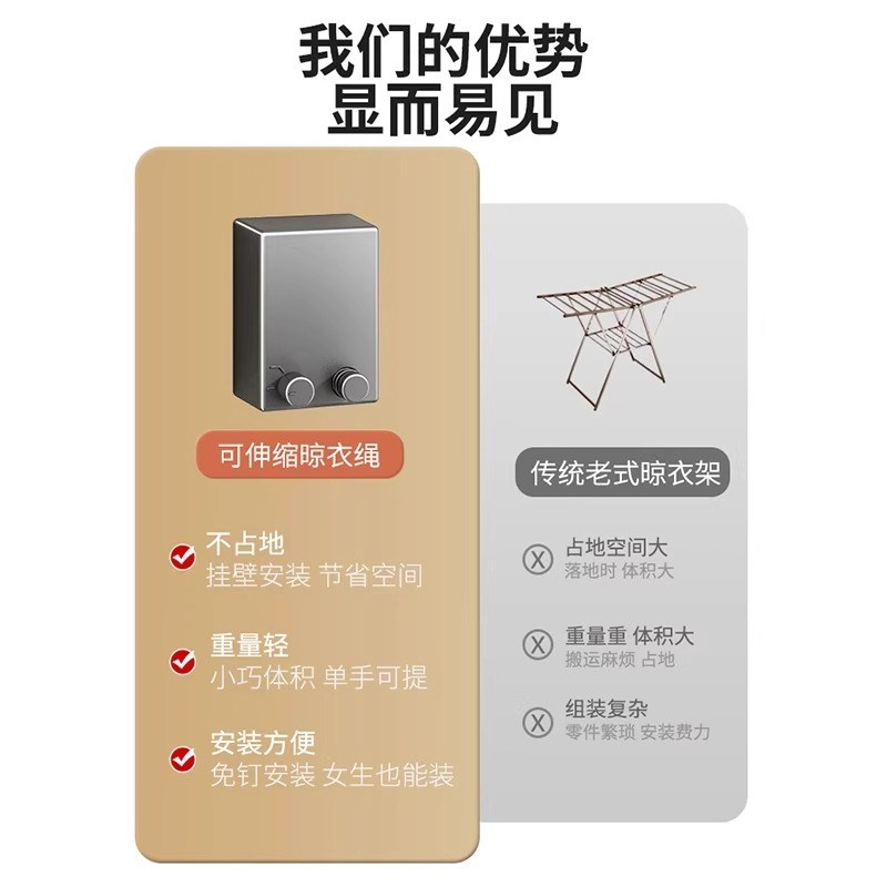 阳台隐形收缩晾衣架免打孔室内晾衣绳自由伸缩化妆V室晾衣神器钢
