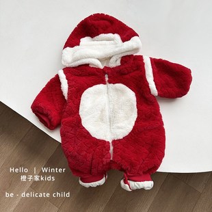 新生婴儿喜庆过年服秋冬季洋气女宝宝加绒K连体衣男童加厚保暖爬