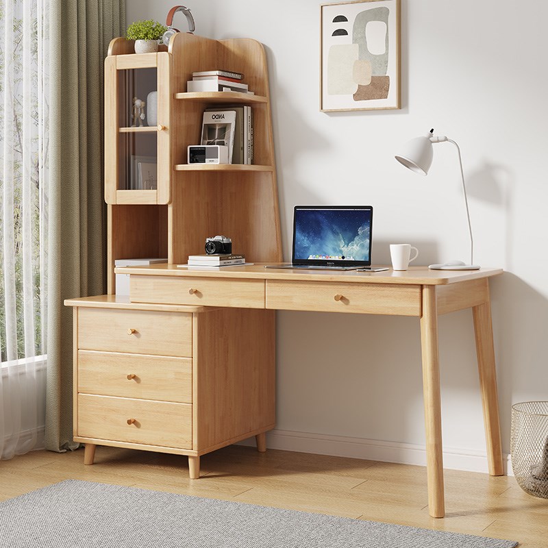 实木书桌书柜书架组合一体电脑桌家用办公电脑桌学生写字桌学习桌