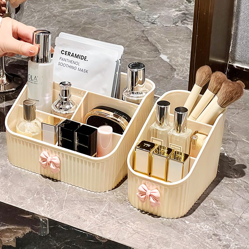 奶油风高颜值桌面化妆品收纳盒梳妆台口红化妆刷面膜护肤品置物架