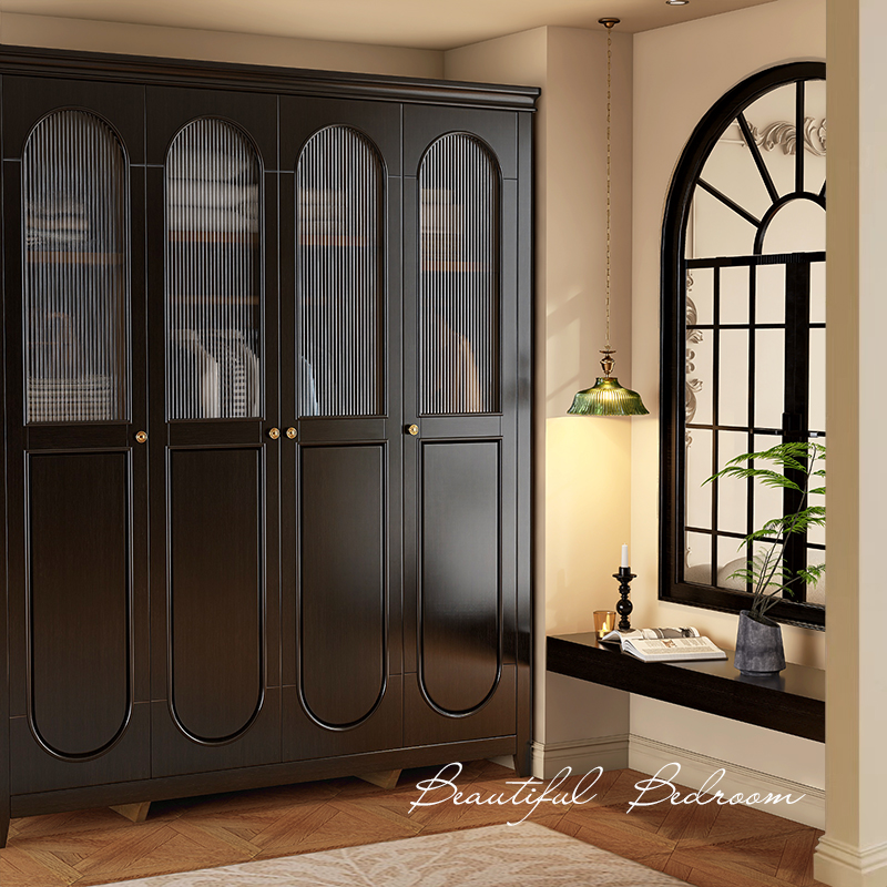复古法式衣柜实木现代简约双门储物柜美式黑色四门大衣橱卧室家用