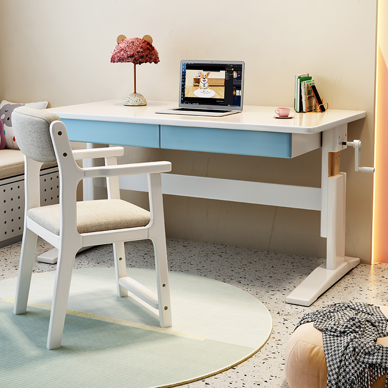 实木简约儿童学习桌多功能可置物手摇升降书桌家用卧室学生写字桌