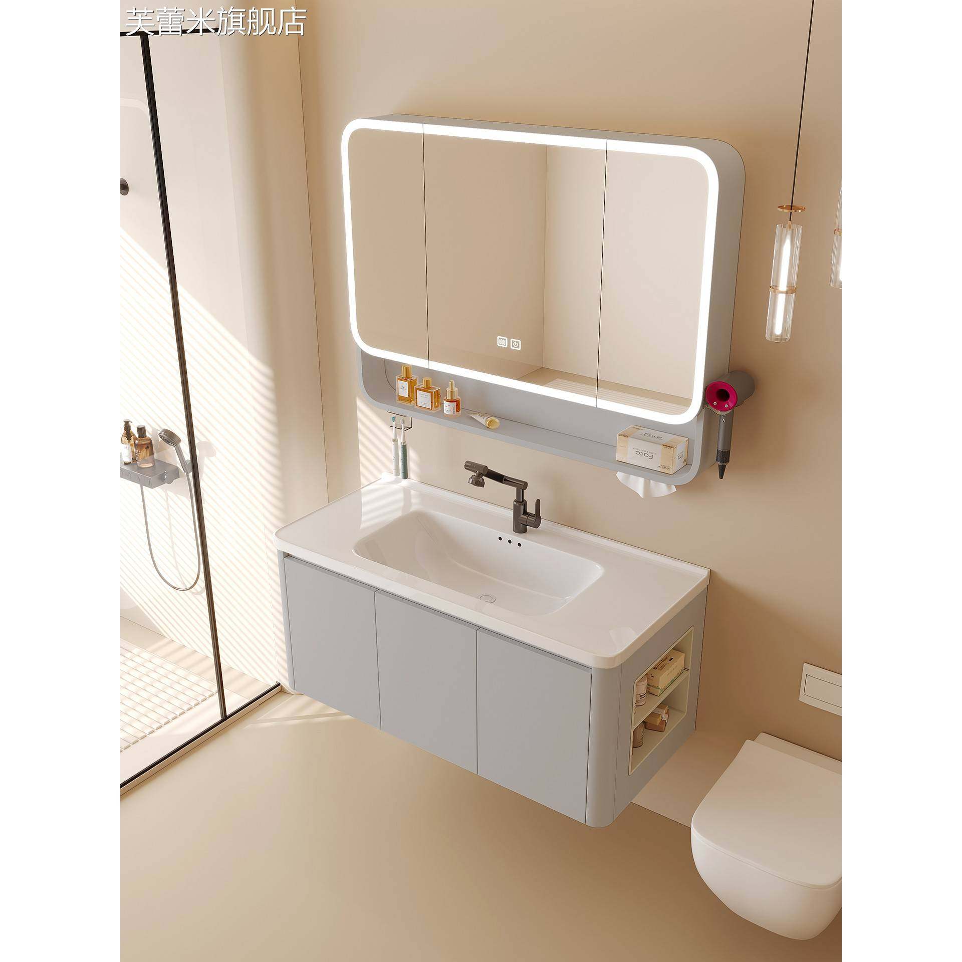 芙蕾米奶油风蜂窝铝浴室柜组合卫生间陶瓷一体洗脸盆洗手池洗漱台带侧柜饰品摆件垫垫