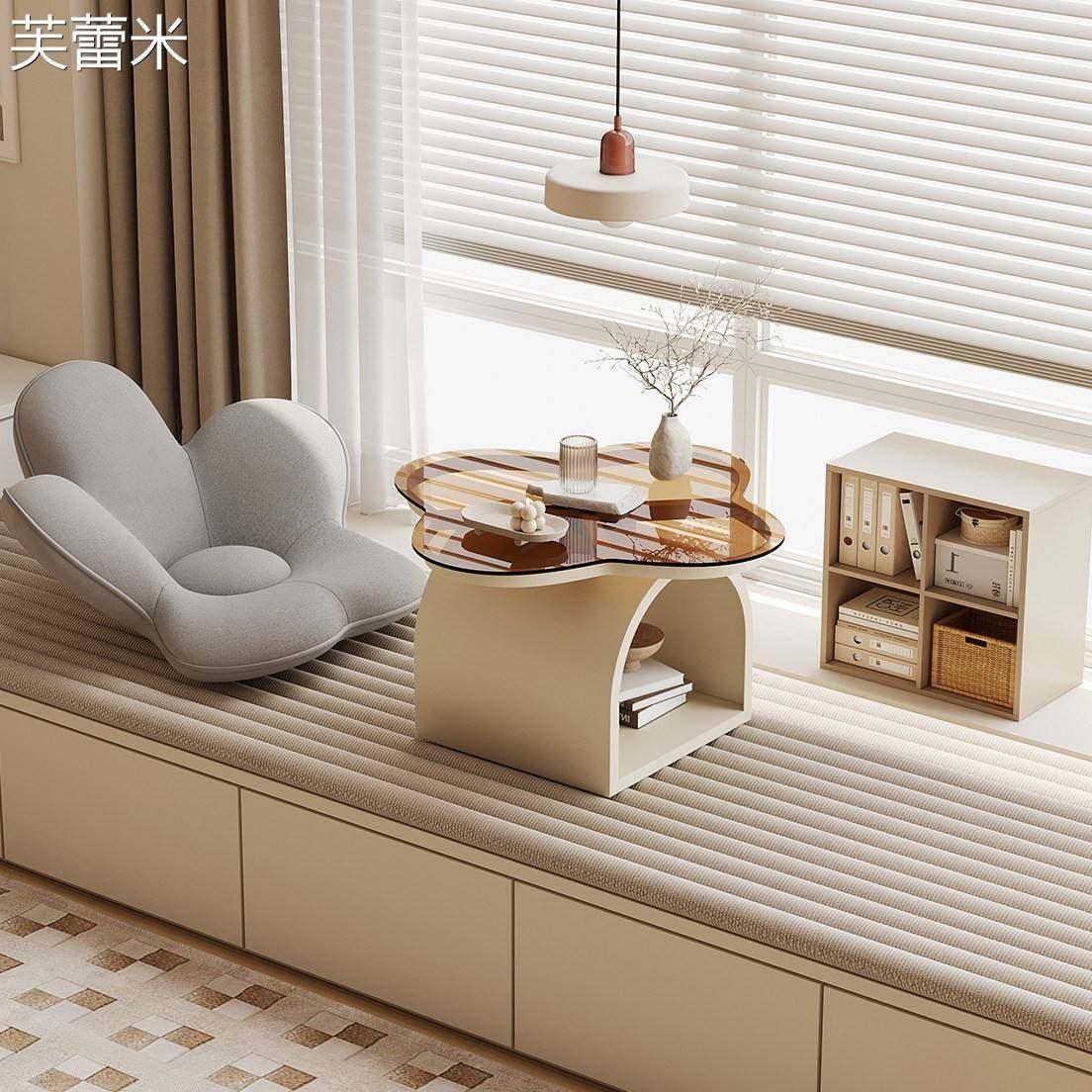 芙蕾米奶油风飘窗边几榻榻米坐地矮桌阳台窗台泡茶学习办公小桌子三件套床笠拉车