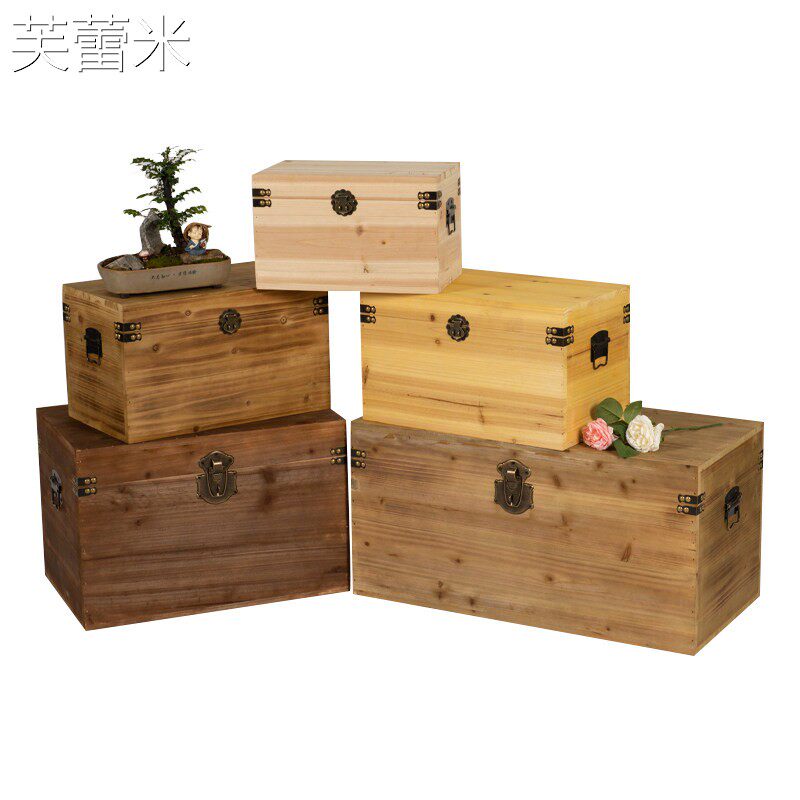 芙蕾米木盒子收纳复古特大中小号带锁储物箱实木整理箱红酒箱定制木箱子床笠拉车