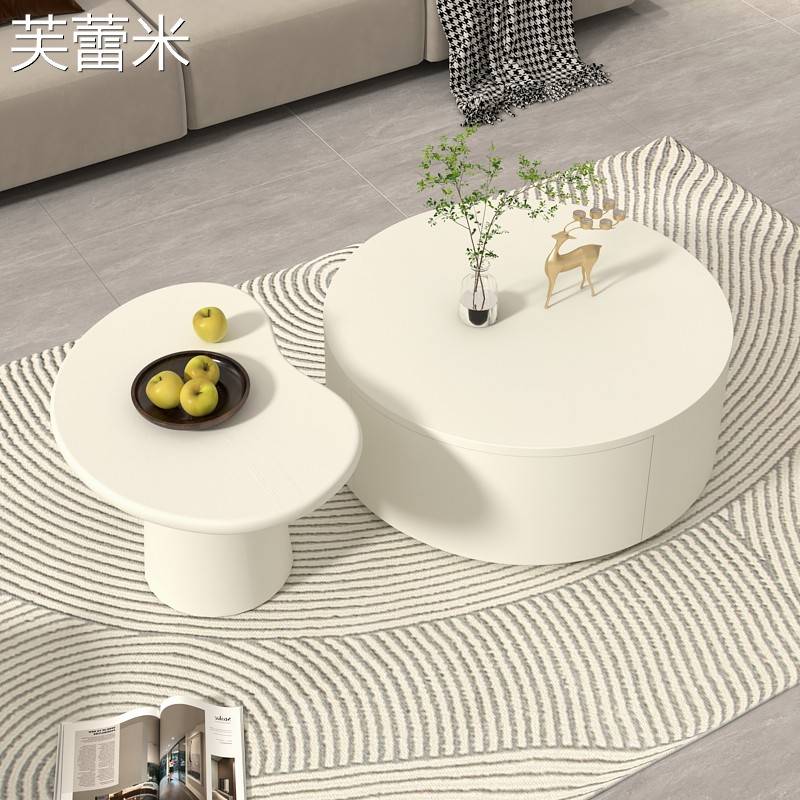 芙蕾米2024新款奶油风创意茶几白色圆形实木茶几客厅家用简约现代小户型床笠拉车