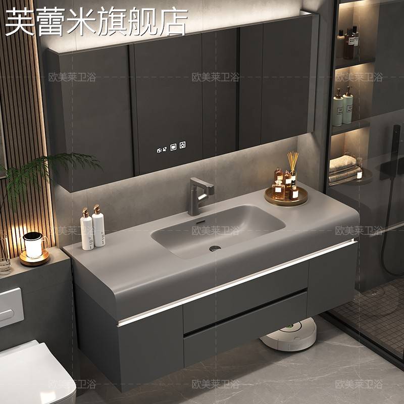 芙蕾米奶油风化妆室洗脸绮美石肤感一体盆浴室柜洗漱洗手池台盆圆角组合饰品摆件垫垫