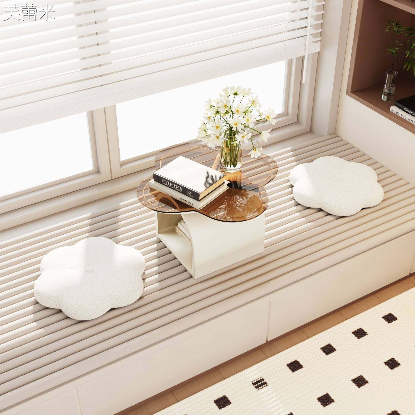 芙蕾米奶油风阳台卧室飘窗台边几茶桌民宿酒店学习桌坐地小矮桌子三件套床笠拉车