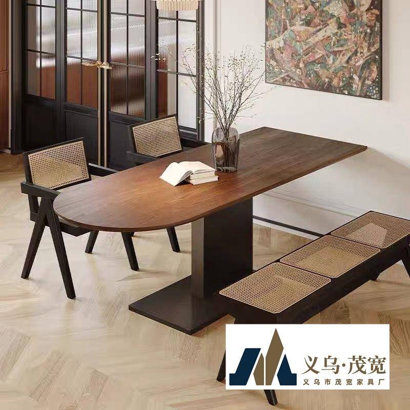 法式复古实木餐桌半圆靠墙家用小户型饭桌创意中古风岛台餐桌一体