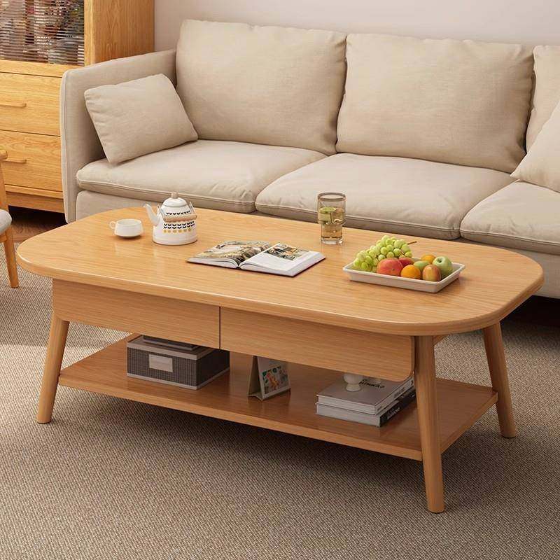 实木腿客厅家用小户型沙发桌子新款简约创意双层抽屉原木风茶几桌