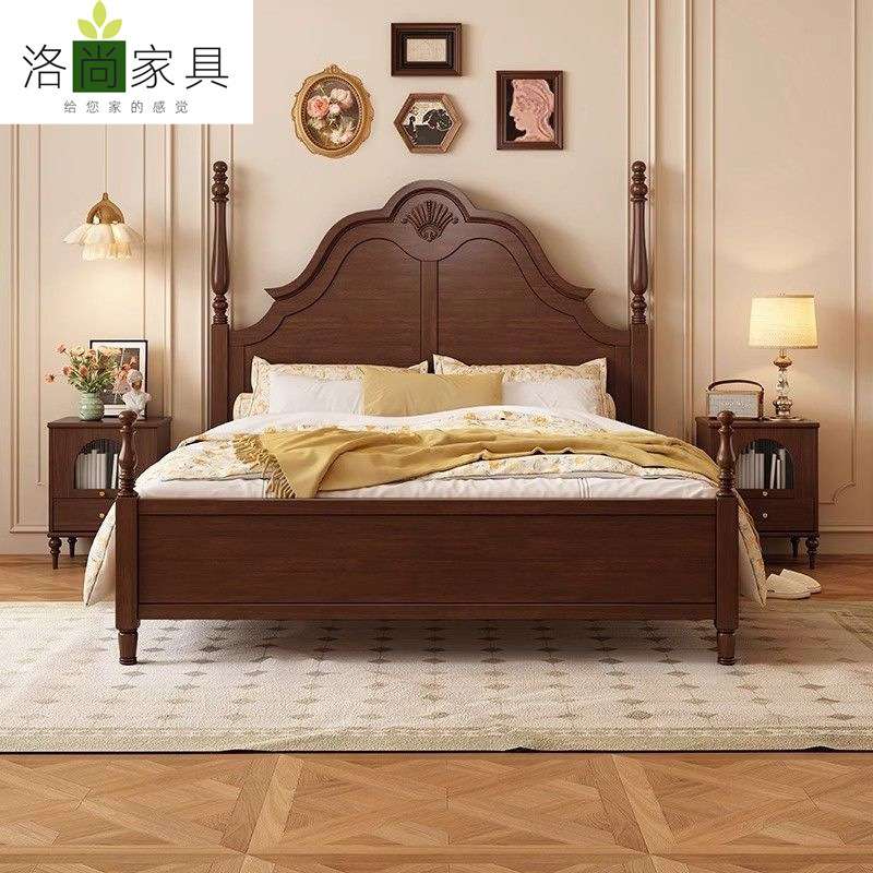 法式复古实木床双人床罗马柱黑色中古风主卧大床轻奢床婚床