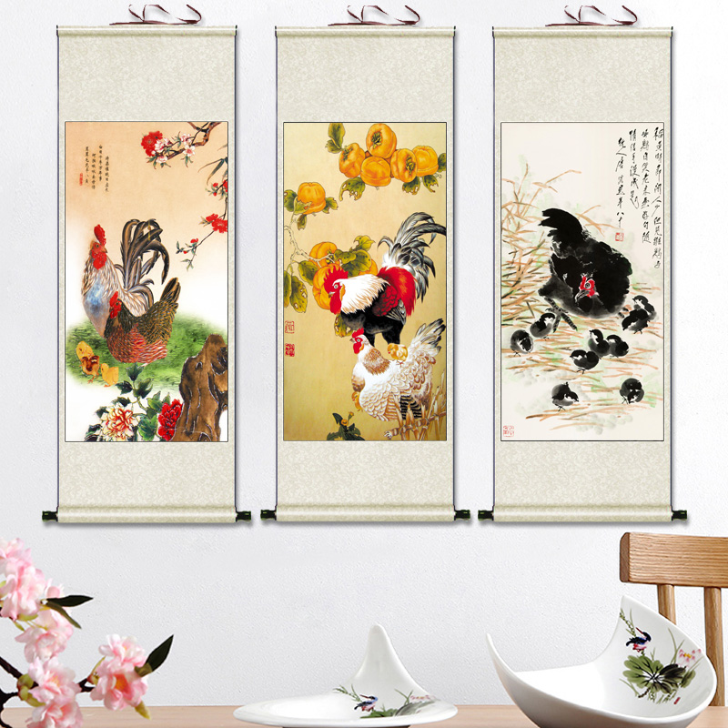 事事如意十二生肖鸡大吉大利卷轴画年画装饰画动物挂画餐厅丝绸画图片