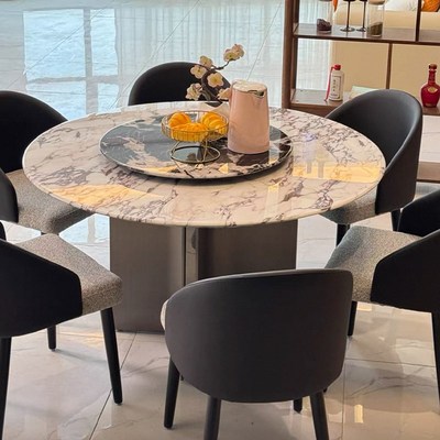 2025新款天然大理石餐桌椅组合意式轻奢高级感家用圆型餐桌带转盘