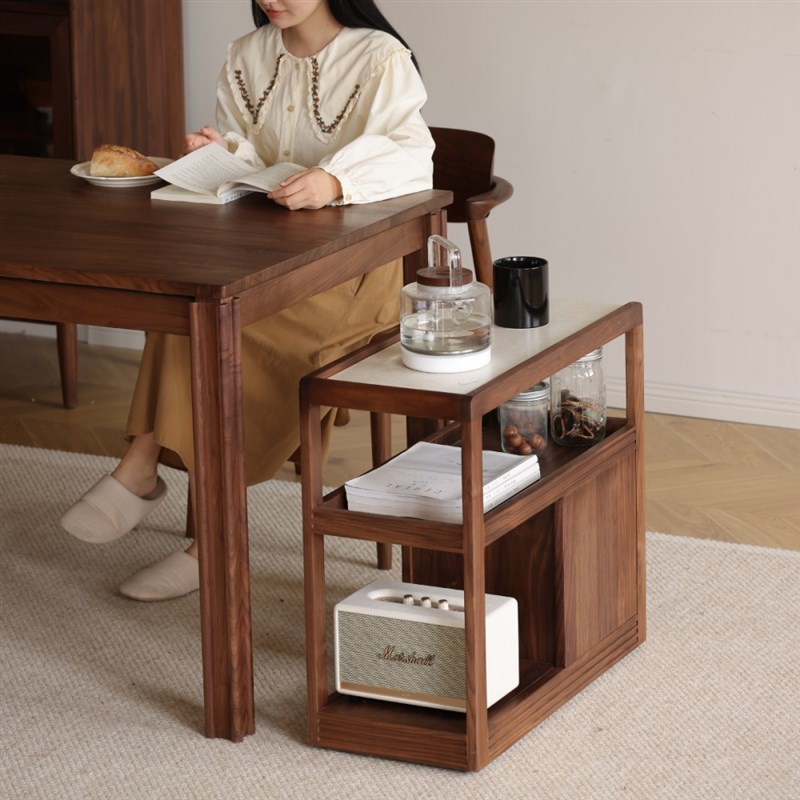 北美黑胡桃木全实木可移动岩w板边几推车客厅中古小户型茶几小桌