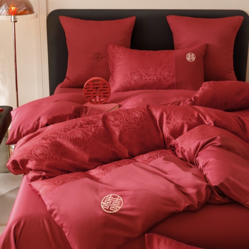 中式结婚四件套大红色新婚床单被套婚庆床上W用品婚房喜被