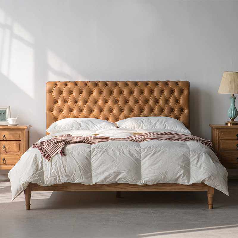 北欧轻奢1.8m双人床 美式皮艺实木拉扣床 样板间简约现代复古婚