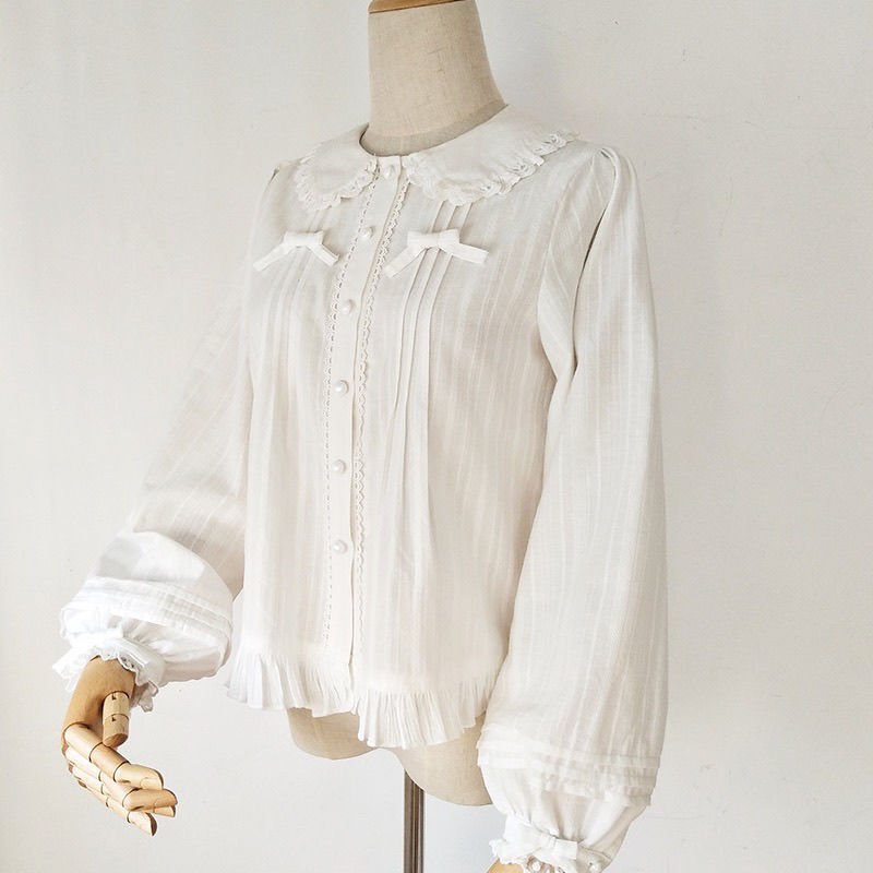 lolita风娃娃领长袖衬衫女百搭蝴蝶结荷叶边加绒加厚白色内搭上衣