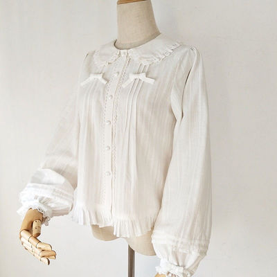 lolita风娃娃领长袖衬衫女百搭蝴蝶结荷叶边加绒加厚白色内搭上衣