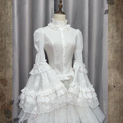 洛丽塔风蕾丝花边长袖衬衫女宫廷风泡泡袖娃娃领内搭上衣甜美可爱