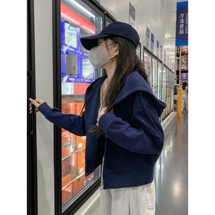 开衫连帽卫衣女款2025新款春秋冬小个子藏青色爆款加绒短款厚外套