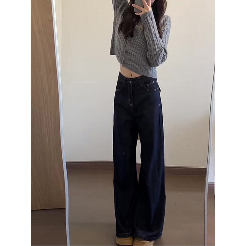 美式宽松阔腿牛仔裤女2024年新款秋天小个子垂感深蓝色休闲直筒裤