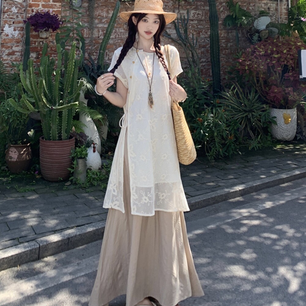 新中式大码女装禅意茶服套装裙夏季胖mm遮肚显瘦中长款上衣半身裙