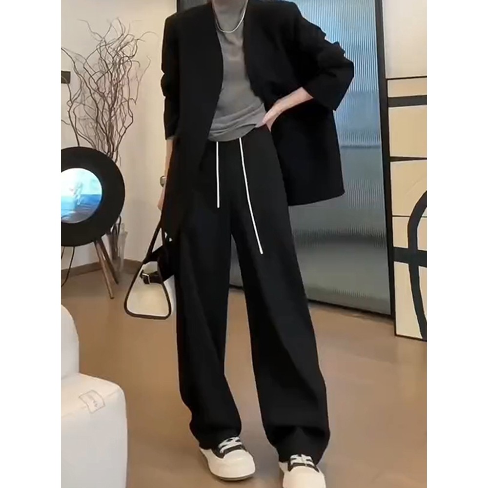 欧货黑色拼接休闲裤女春秋新款大码梨形身材小个子直筒弯刀西装裤,女装/女士精品,大码裤装,淘宝优惠券,粉丝福利购,淘宝优惠卷