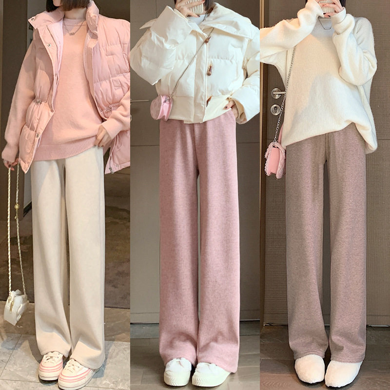 羊绒阔腿裤初中生高中学生少女冬季新款加绒加厚高腰休闲直筒裤子